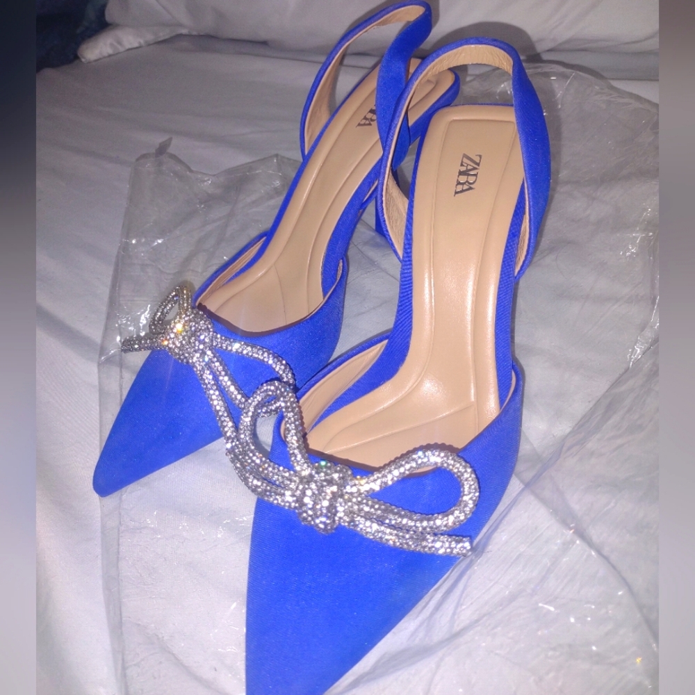ZARA EMBELLISHED BOW HEELED SLINGBACKS ELEGANT SHORT HEELS - Picture 2 of 6